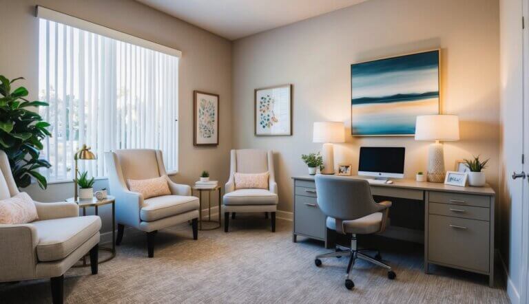 A cozy office in Anaheim, CA with comfortable chairs, soft lighting, and calming decor. A therapist's desk is neatly organized with a warm, welcoming atmosphere