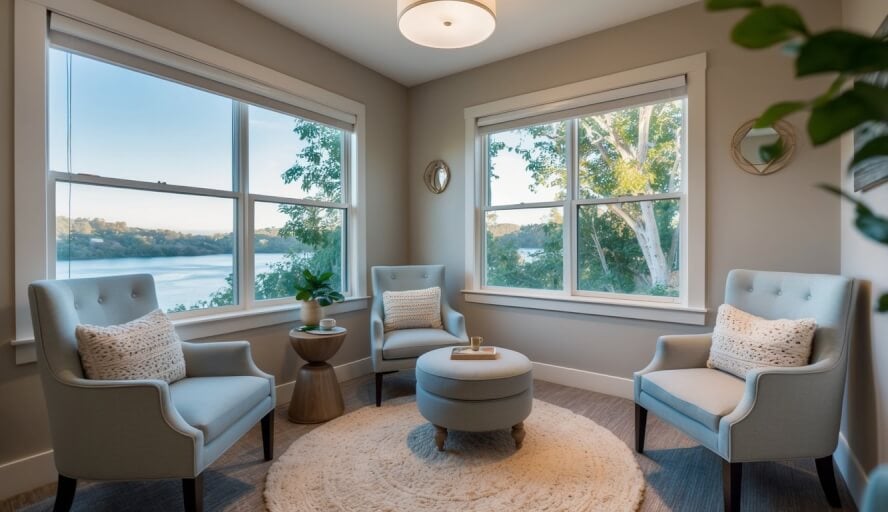 A cozy office with soft lighting and comfortable seating, a serene view of nature outside the window, and calming decor to create a welcoming environment for empath support therapy in Riverside, CA
