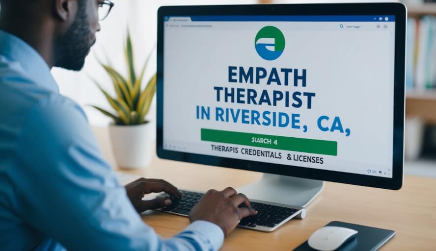 A person searching online for "empath therapist in Riverside, CA," while reviewing therapist credentials and licenses on a computer screen