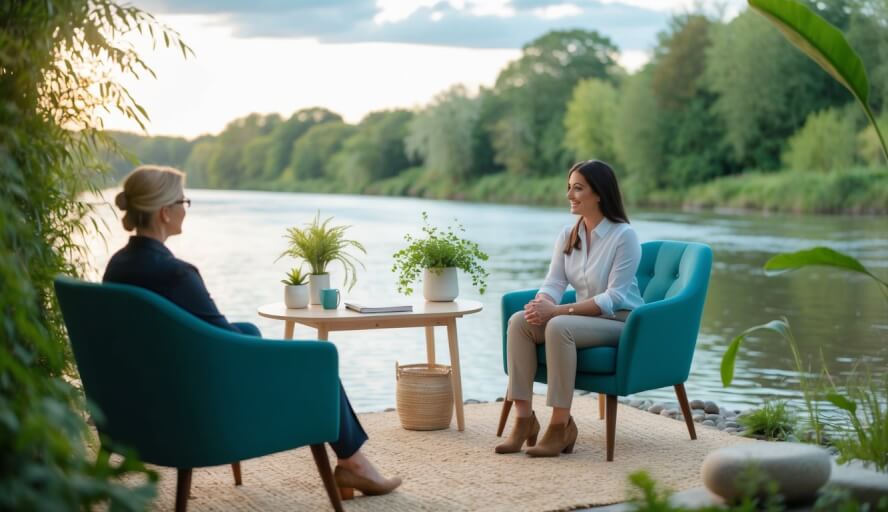 A peaceful riverside setting with a cozy office space, surrounded by nature and calming elements, where clients feel understood and supported by an empathetic therapist