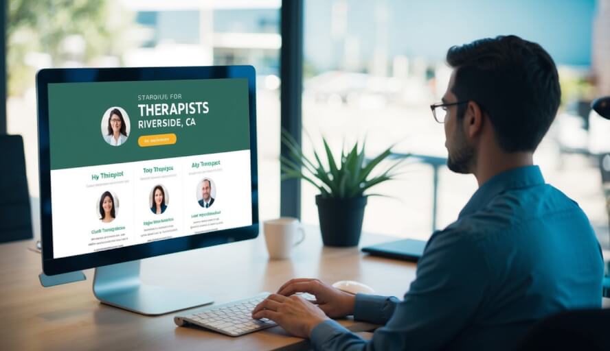 A person sitting in front of a computer, searching for therapists in Riverside, CA. The screen displays various therapist profiles and contact information