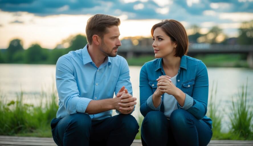 A peaceful riverside setting with two figures engaged in deep conversation, conveying empathy and emotional connection