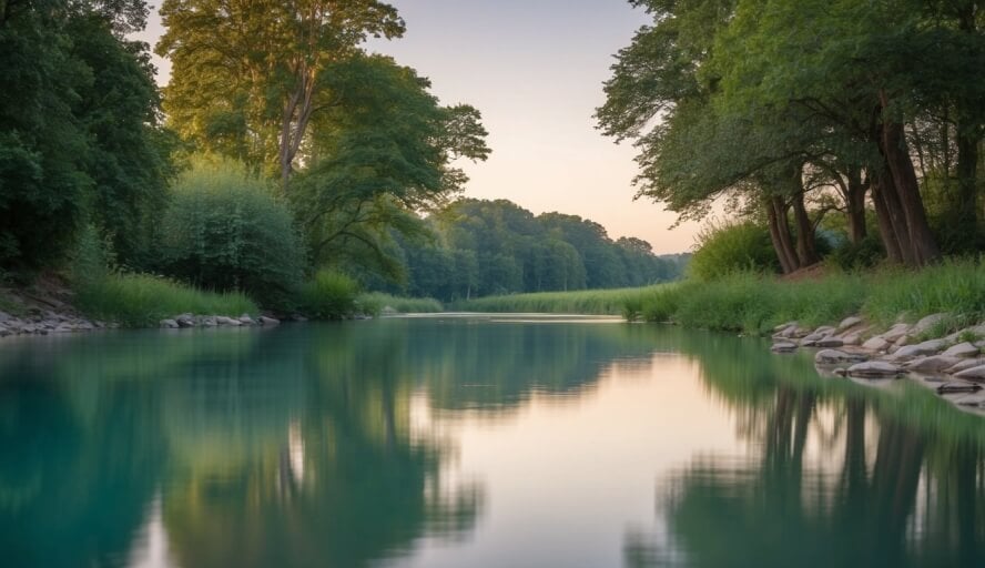 A peaceful riverside setting with a serene atmosphere, surrounded by nature and calm waters, evoking a sense of tranquility and emotional support