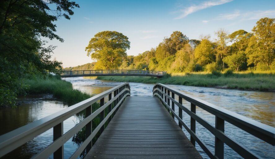 A serene riverside setting with a peaceful atmosphere, surrounded by nature and possibly with a bridge or path leading to a calming and empathetic therapist's office