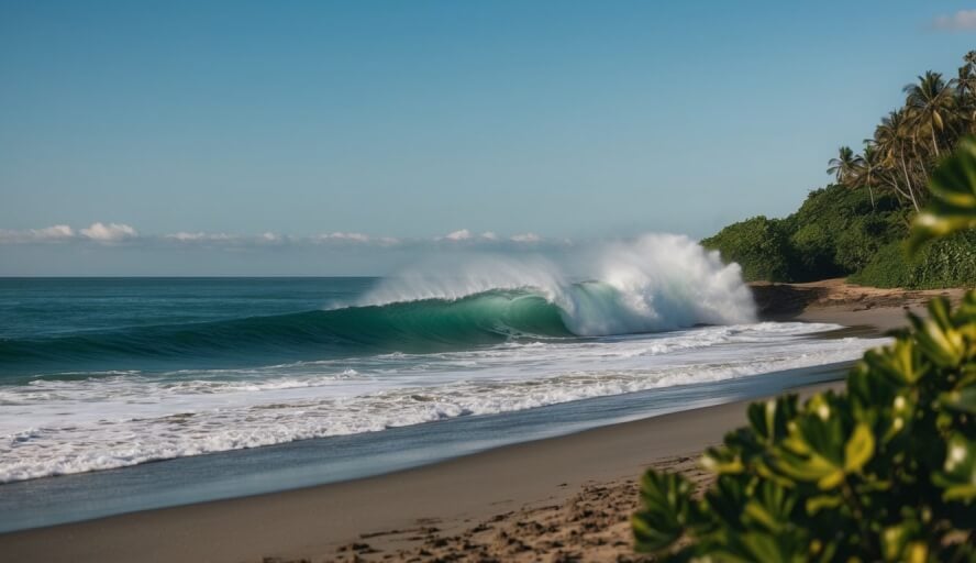 A serene beach setting with waves crashing on the shore, surrounded by lush greenery and a clear blue sky