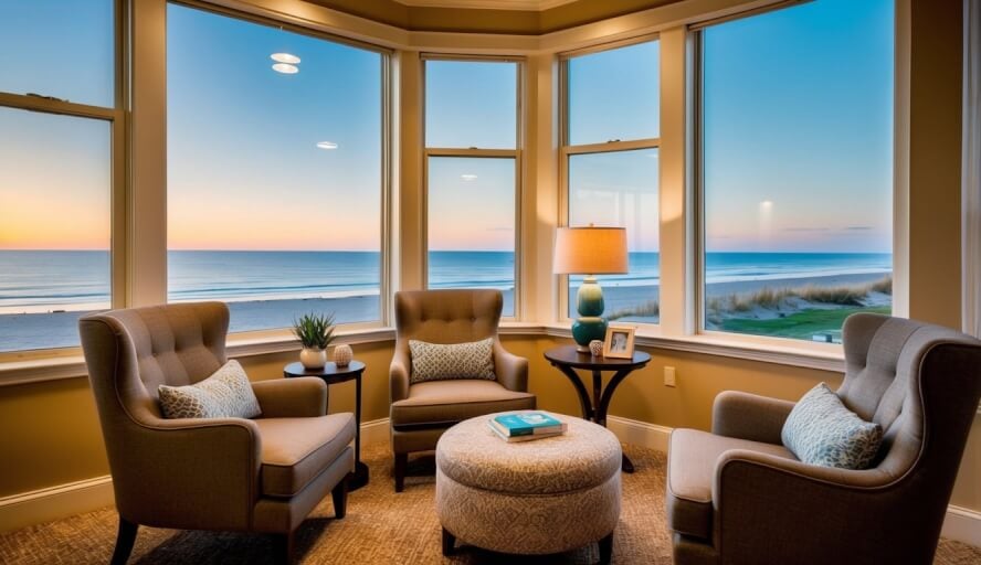 A cozy counseling office with warm lighting and comfortable seating, overlooking a peaceful beach scene through large windows