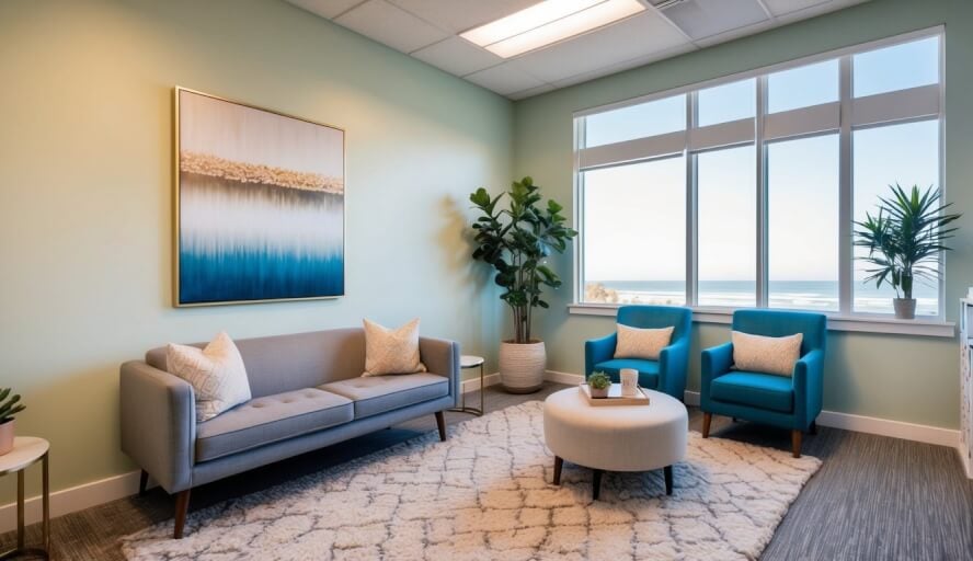 A cozy therapy office with calming decor and comfortable seating in Huntington Beach, CA