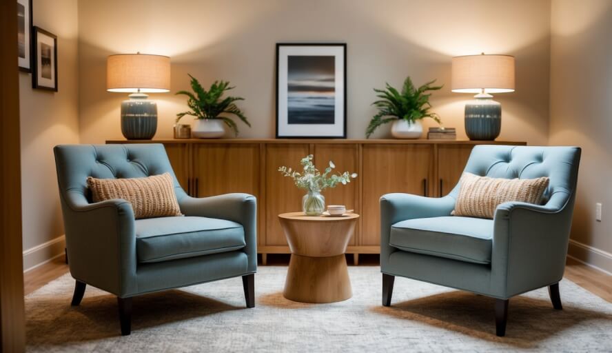 A cozy office with two comfortable chairs facing each other, a warm and inviting atmosphere with soft lighting and calming decor