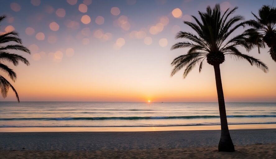 A serene beach with a peaceful ocean, palm trees, and a warm sunset in Huntington Beach, California