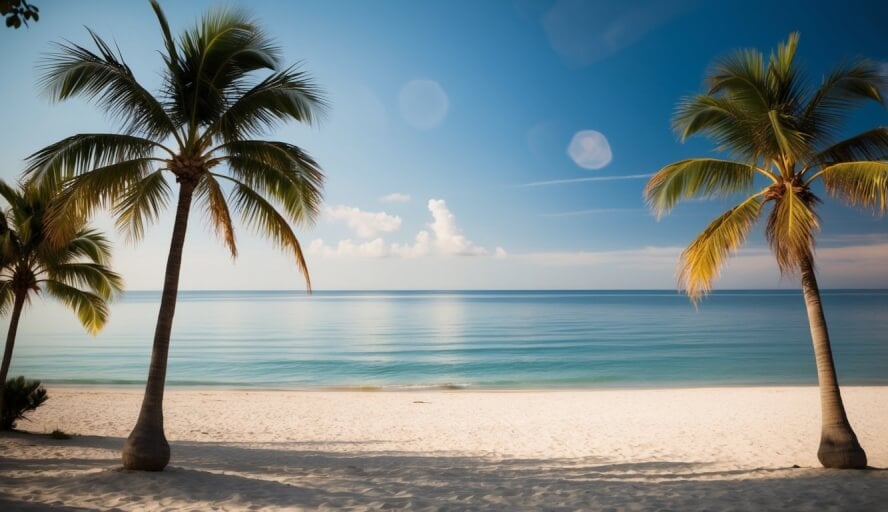 A serene beach setting with a peaceful atmosphere, featuring a calm ocean, palm trees, and a clear blue sky
