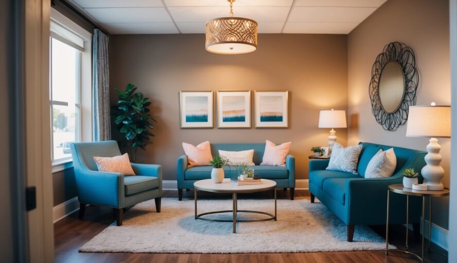 A cozy therapy office with warm lighting and comfortable seating, featuring calming decor and a welcoming atmosphere
