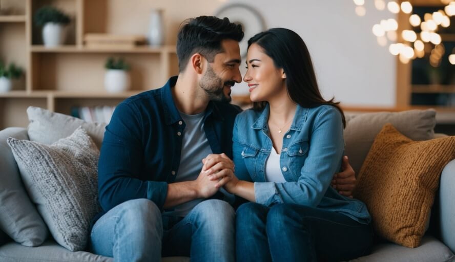 A couple sitting close together on a cozy couch, engaging in deep conversation with a warm and supportive atmosphere