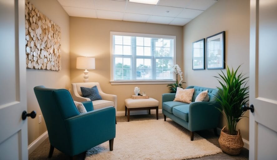 A cozy therapy office with soft lighting and comfortable seating, a warm and inviting atmosphere for sensitive client care