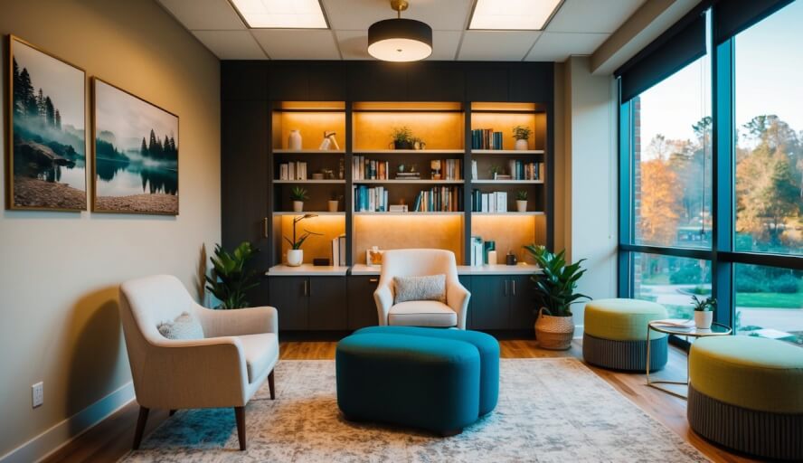 A cozy therapy office with warm lighting and comfortable seating, surrounded by calming nature scenes