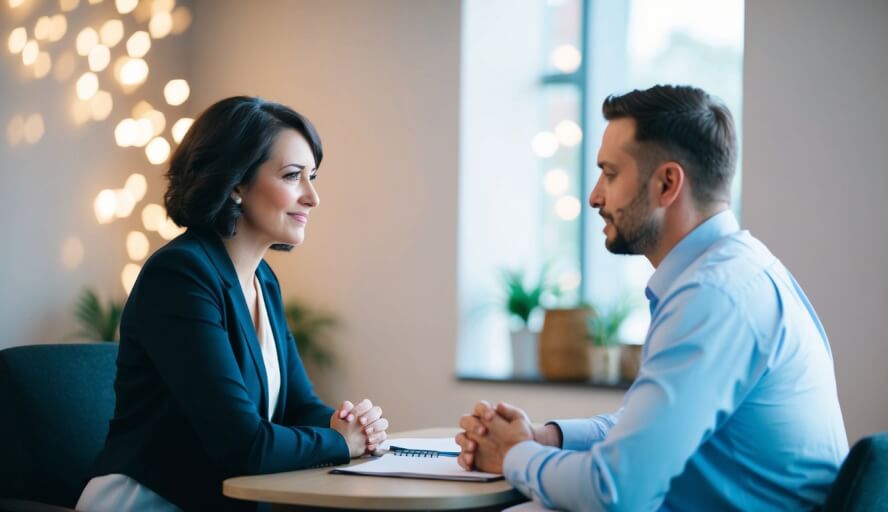 A therapist sits across from a client, listening attentively and offering guidance with empathy and collaboration