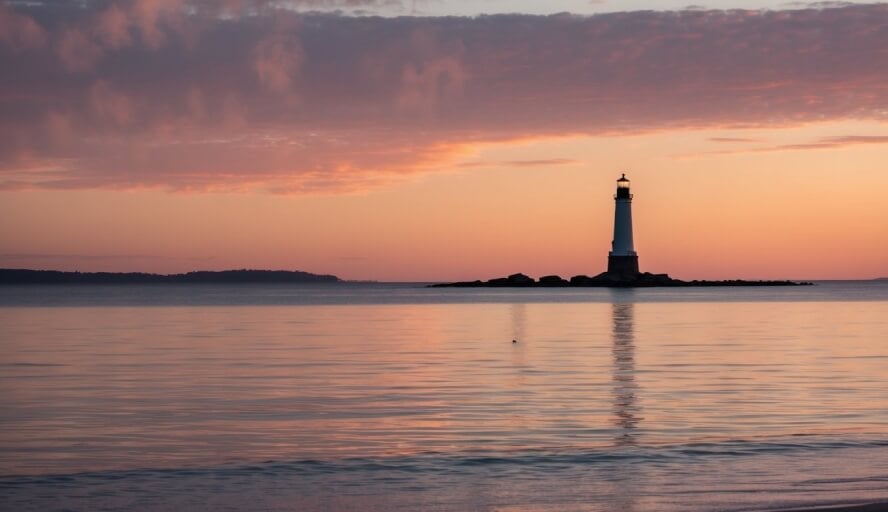 A serene beach at sunset, with a calm ocean and a silhouette of a lighthouse in the distance. The sky is painted with warm hues of orange and pink