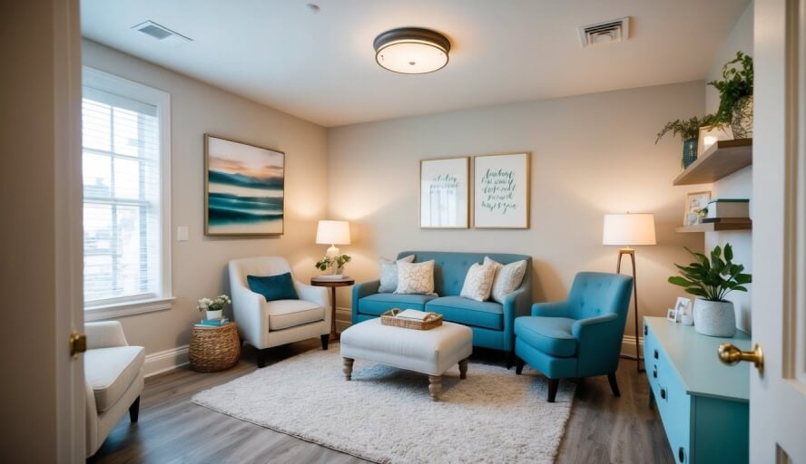 A cozy therapy room with soft lighting, comfortable seating, and soothing decor. A peaceful atmosphere for processing grief