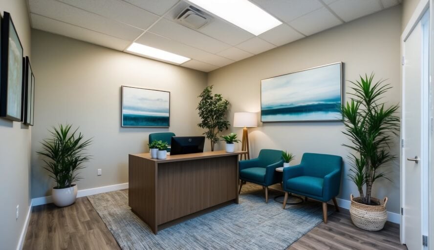 A cozy therapy office in Oxnard, CA, with a welcoming waiting area and a desk for the receptionist. The walls are adorned with serene artwork and plants, creating a calming atmosphere