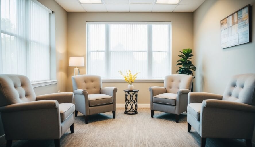 A peaceful office with comfortable chairs and soft lighting, creating a warm and inviting atmosphere for therapy sessions