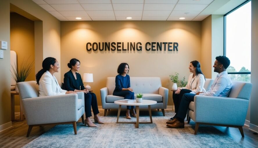 A peaceful, modern counseling center with warm lighting and comfortable seating. Therapists engage in empathetic conversations with clients