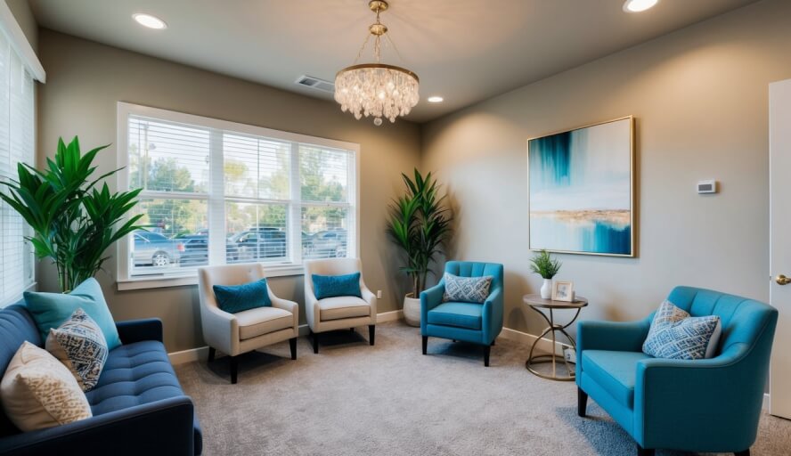 A cozy therapy office in Fontana, CA, with comfortable seating, soft lighting, and calming decor