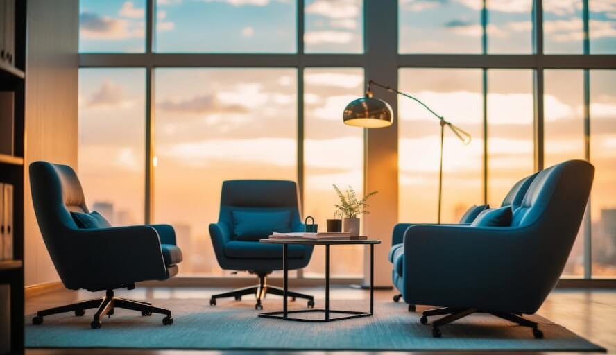 A peaceful office setting with warm lighting, comfortable seating, and a calming atmosphere
