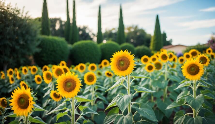 A peaceful garden with vibrant sunflowers and a calming atmosphere, located in Fontana, CA