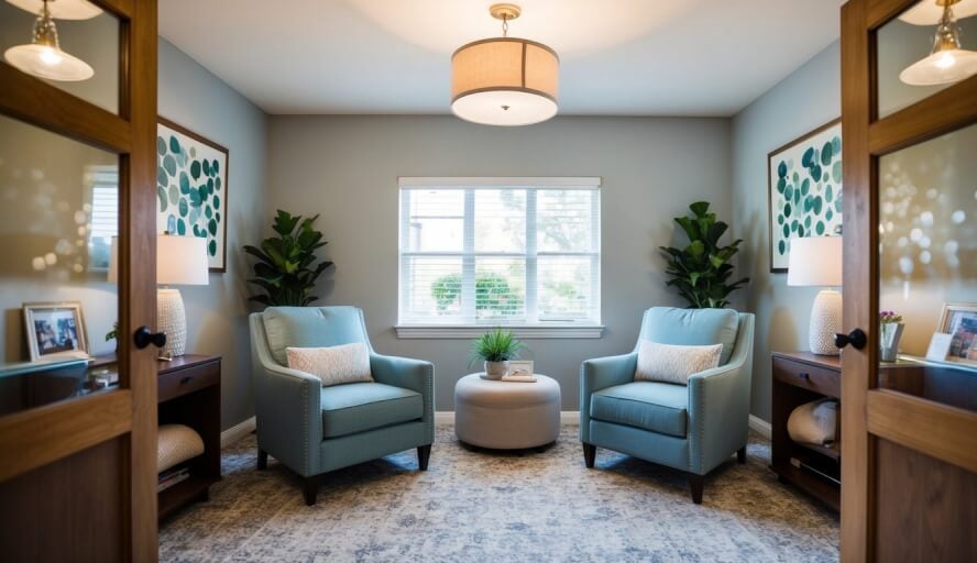 A cozy therapy office with two comfortable chairs, soft lighting, and calming decor, located in Fontana, CA