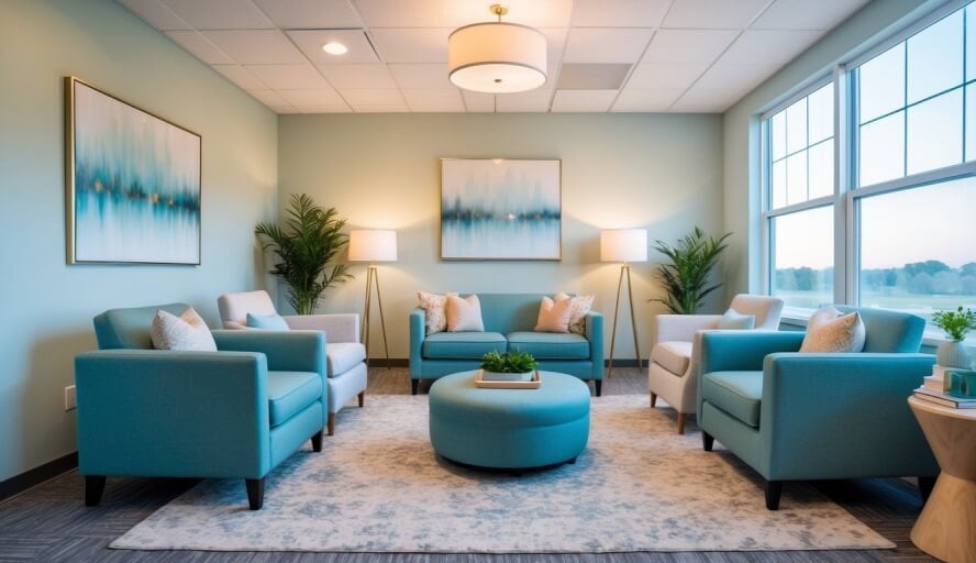 A serene office space with calming decor and comfortable seating, featuring soft lighting and soothing colors to create a peaceful and welcoming atmosphere for therapy sessions