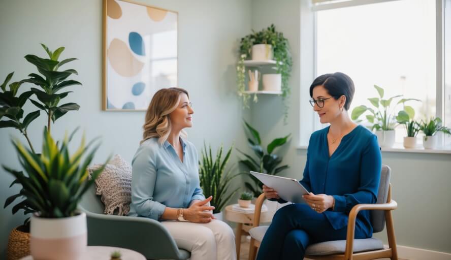 A therapist in a peaceful office, surrounded by calming decor and plants, answering questions for clients in Fontana, CA