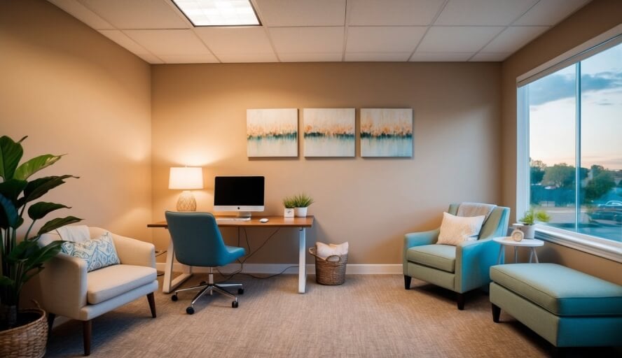 A serene office with warm lighting, comfortable seating, and calming decor. A desk with a computer and a cozy area for therapy sessions