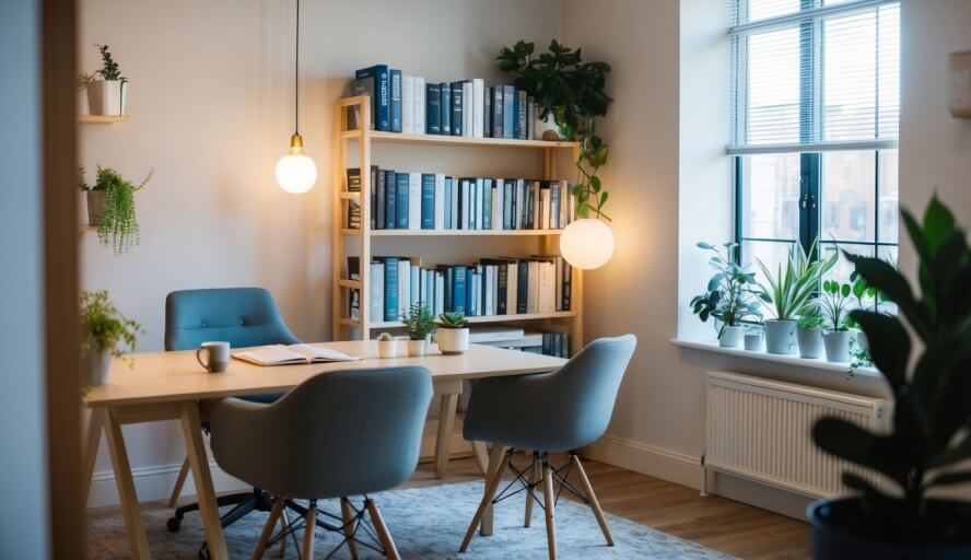 A cozy office with a desk, two chairs, and soft lighting. A bookshelf filled with psychology and therapy books. Plants and calming decor