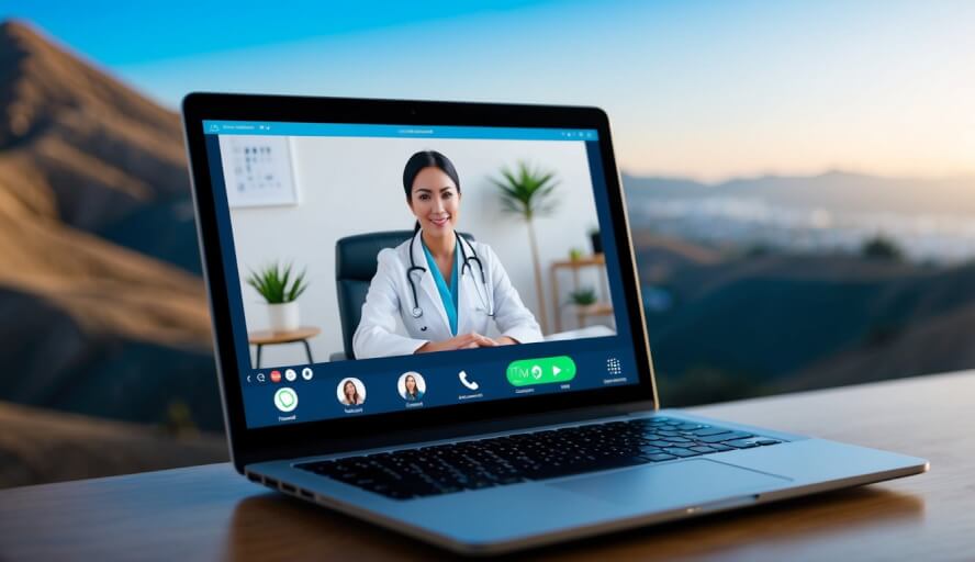 A laptop with a video call interface displaying a therapist providing online therapy, with a California landscape in the background