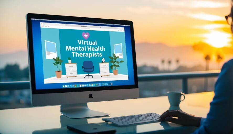 A computer with a virtual mental health therapist's office on the screen, set against a backdrop of sunny California scenery