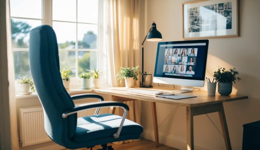 A cozy home office with a desk, computer, and comfortable chair. Sunlight streams through the window, creating a warm and inviting atmosphere for online therapy work