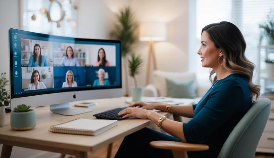 An LCSW conducting therapy sessions via video call, surrounded by a cozy home office setup with a desk, computer, and calming decor