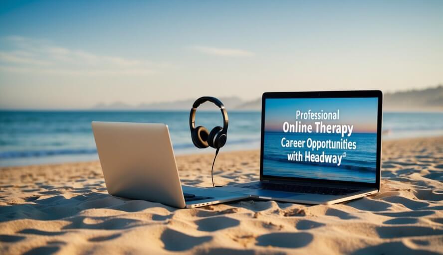 A serene California beach with a laptop and headset, symbolizing online therapy career opportunities with Headway