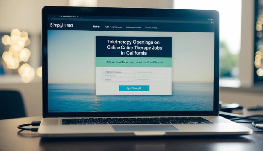 A computer with a job search website open, displaying "Teletherapy Openings on SimplyHired online therapy jobs in California."