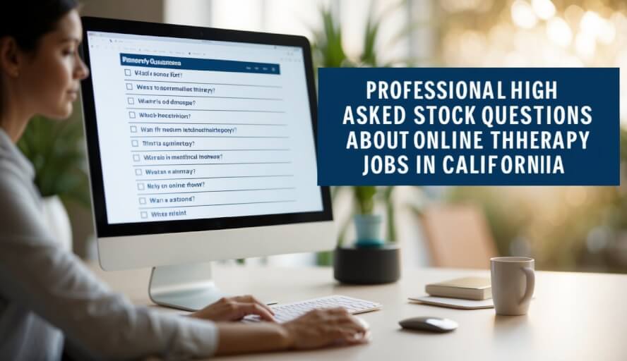 A computer screen with a list of frequently asked questions about online therapy jobs in California
