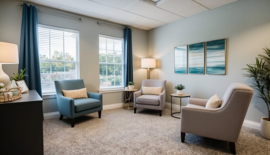 A cozy therapy office in Glendale, CA, with soft lighting, comfortable seating, and calming decor to create a safe and empathetic environment for clients