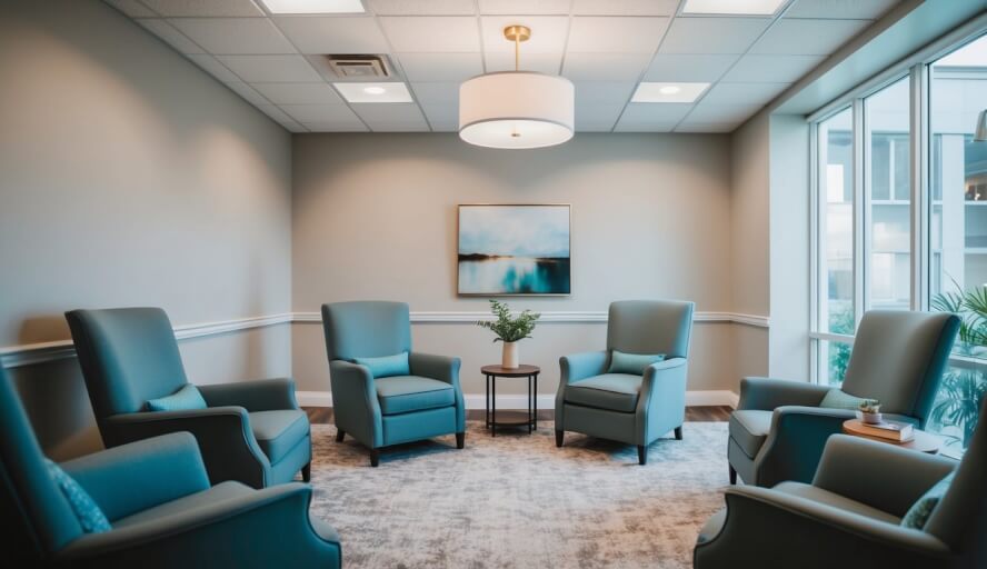 A peaceful office with comfortable chairs and soft lighting, a welcoming environment for therapy sessions