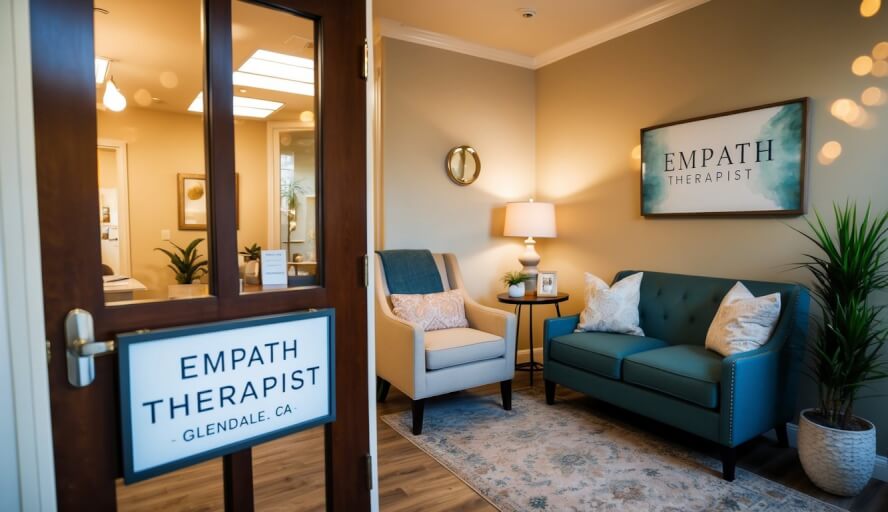 A cozy office with warm lighting, comfortable seating, and calming decor. A sign outside reads "Empath Therapist - Glendale, CA."