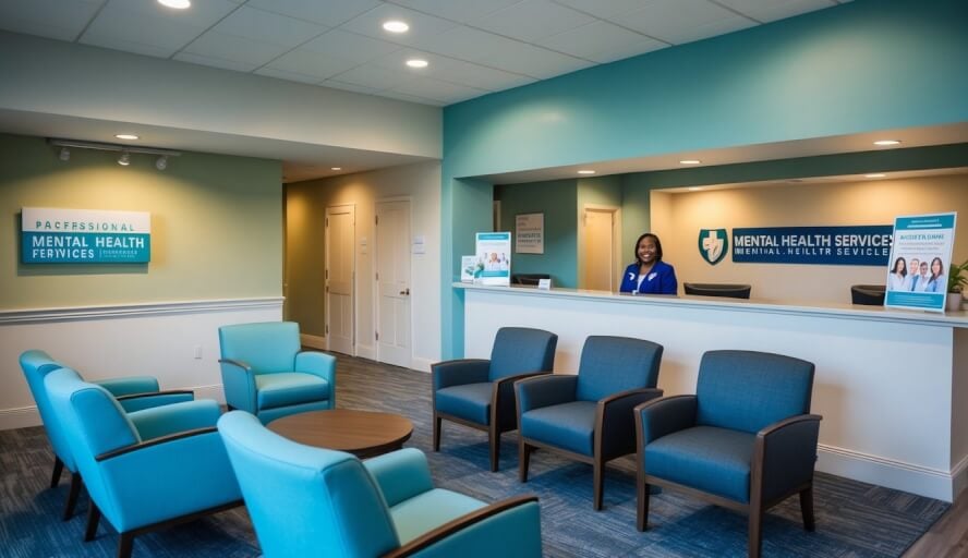A peaceful waiting room with comfortable chairs and soft lighting, a reception desk with friendly staff, and informational brochures on mental health services