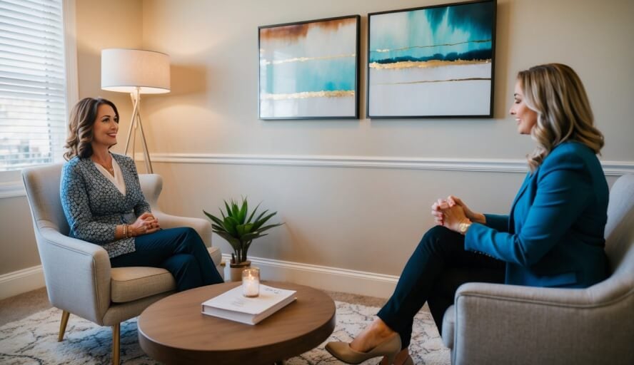 A cozy office with soft lighting and comfortable seating, where a client consults with Dr. Kate Truitt & Associates about finding an empath therapist in Glendale, CA