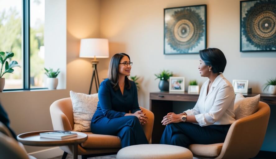 A cozy therapy office in Glendale, CA with warm lighting, comfortable seating, and calming decor. A therapist and client engage in deep conversation