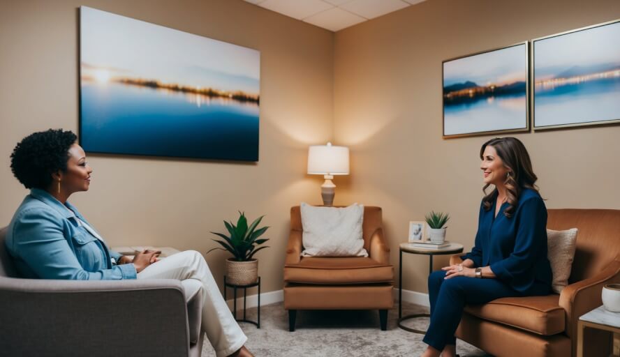 A peaceful office in Glendale, CA with warm lighting and comfortable seating, where an empath therapist listens attentively to a client's concerns