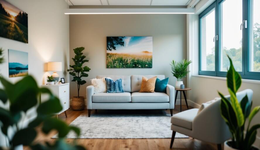 A cozy office with a comfortable couch and soft lighting, surrounded by calming nature imagery and soothing colors