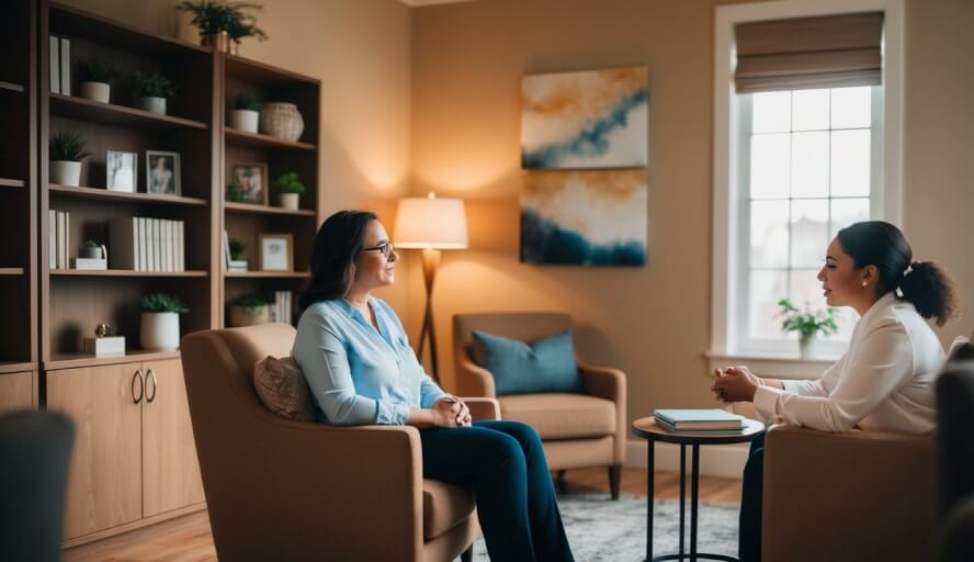A cozy office with warm lighting and comfortable seating, where a therapist listens attentively to a client's emotional concerns