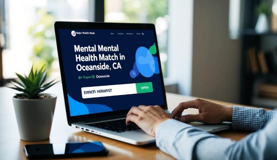 A person sits at a desk, typing on a laptop. The screen shows the Mental Health Match website, with the search bar filled in with "empath therapist in Oceanside, CA." The person looks focused and determined