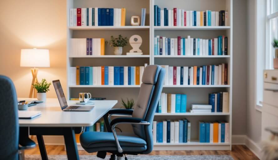 A cozy office with a desk, chairs, and a bookshelf filled with psychology and therapy books. Soft lighting and calming decor create a welcoming atmosphere